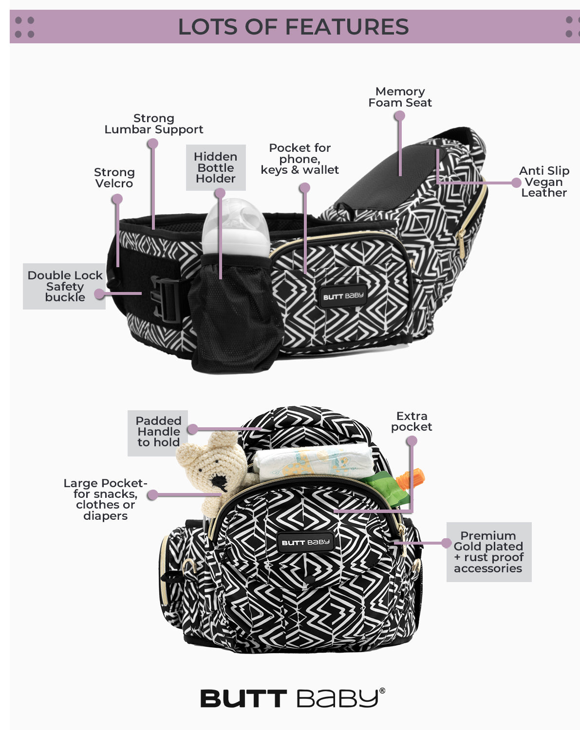 Tribal Route Baby Carrier with Hip Seat & In-built Mini Diaper Bag