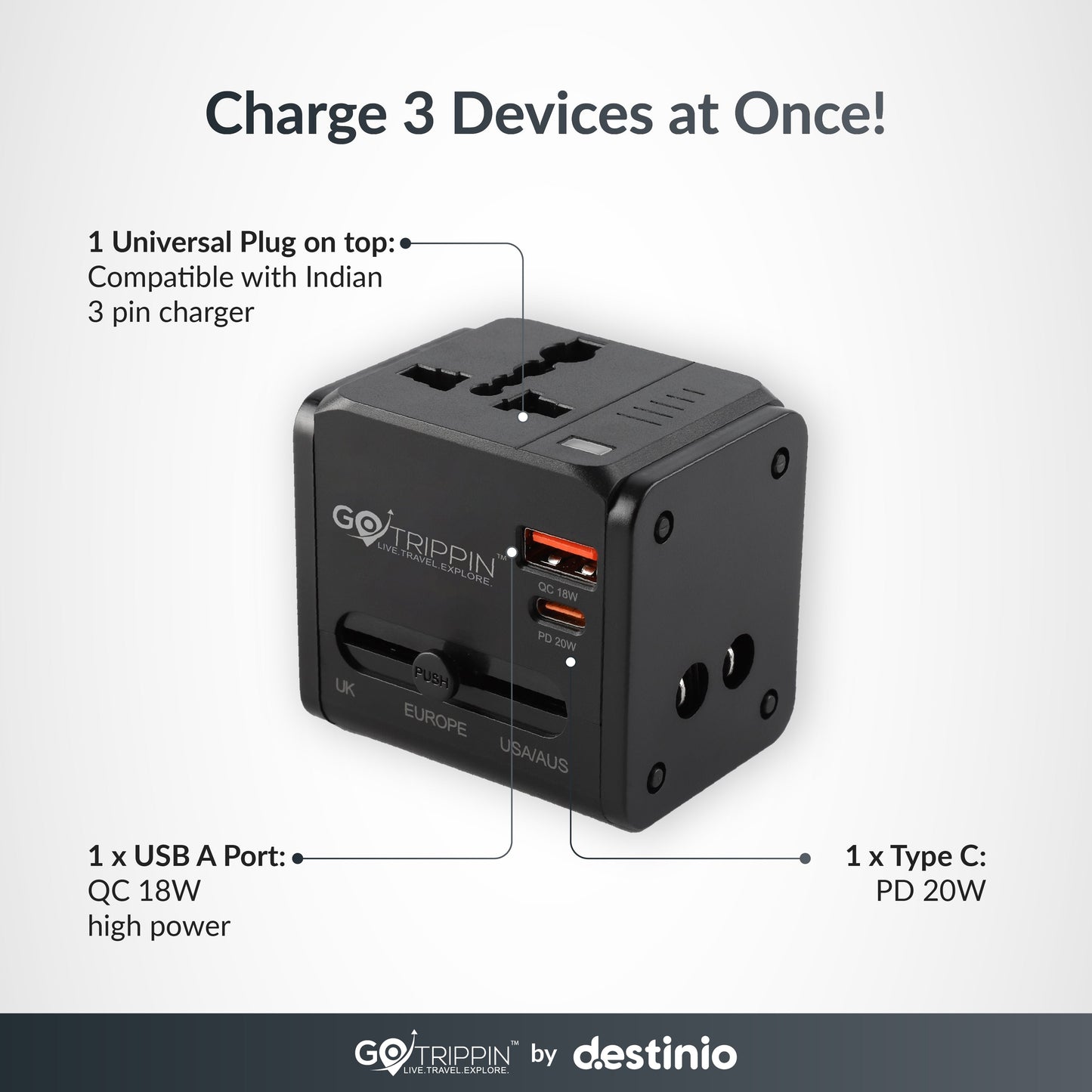 Universal travel adapter with Type C (20W Black)