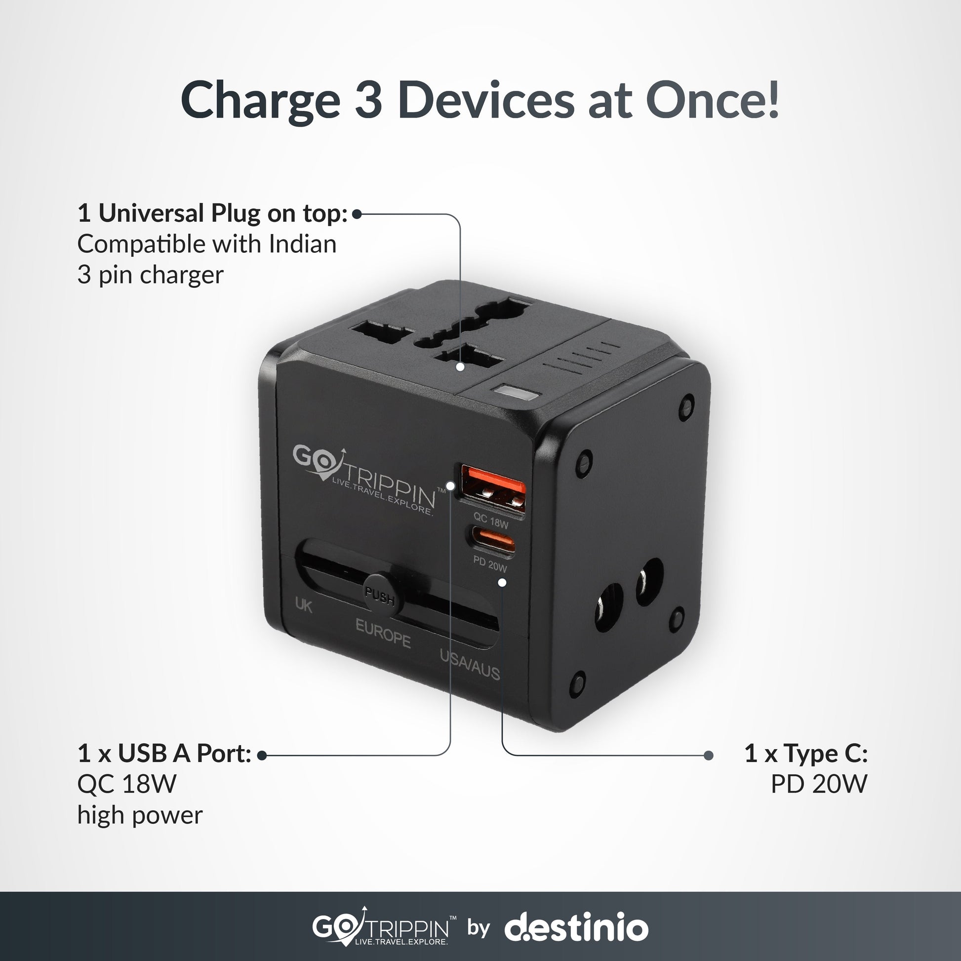 Universal travel adapter with Type C (20W Black)