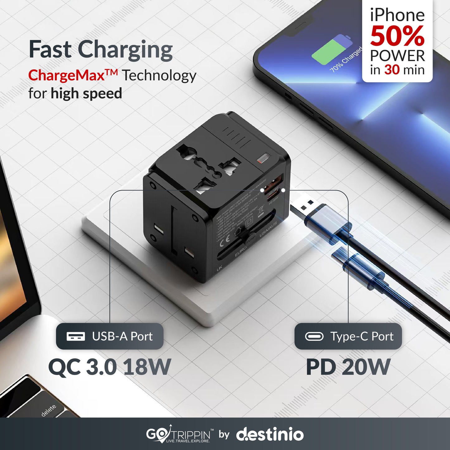 Universal travel adapter with Type C (20W Black)