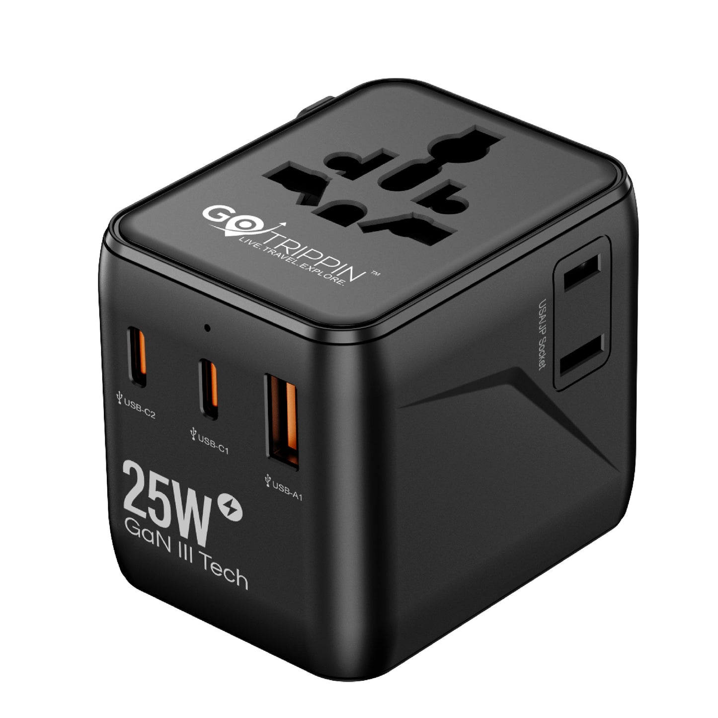 Universal travel adapter with Type C (25W Black)
