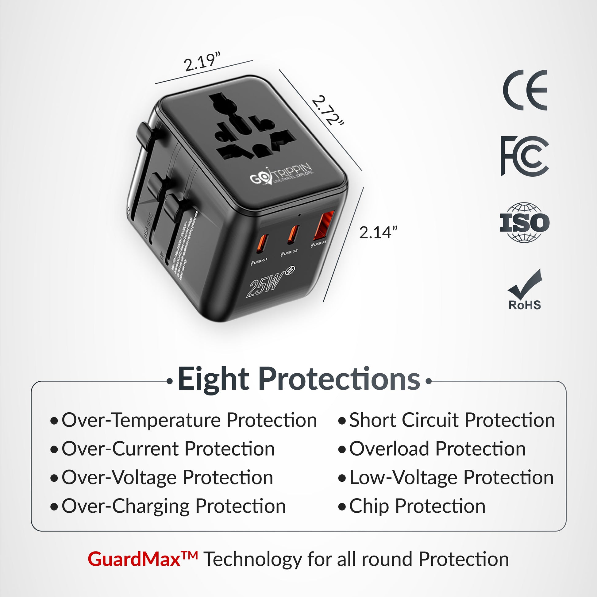 Universal travel adapter with Type C (25W Black)