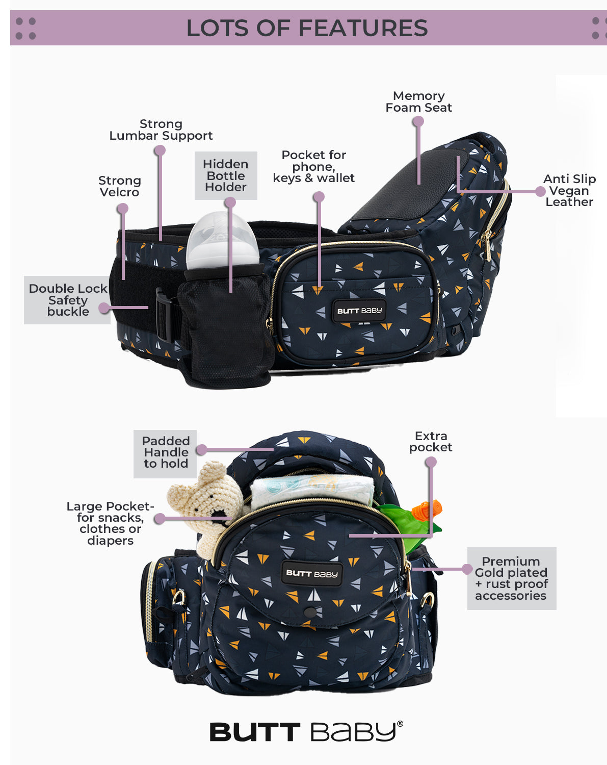 Airplanes Baby Carrier with Hip Seat & In-built Mini Diaper Bag