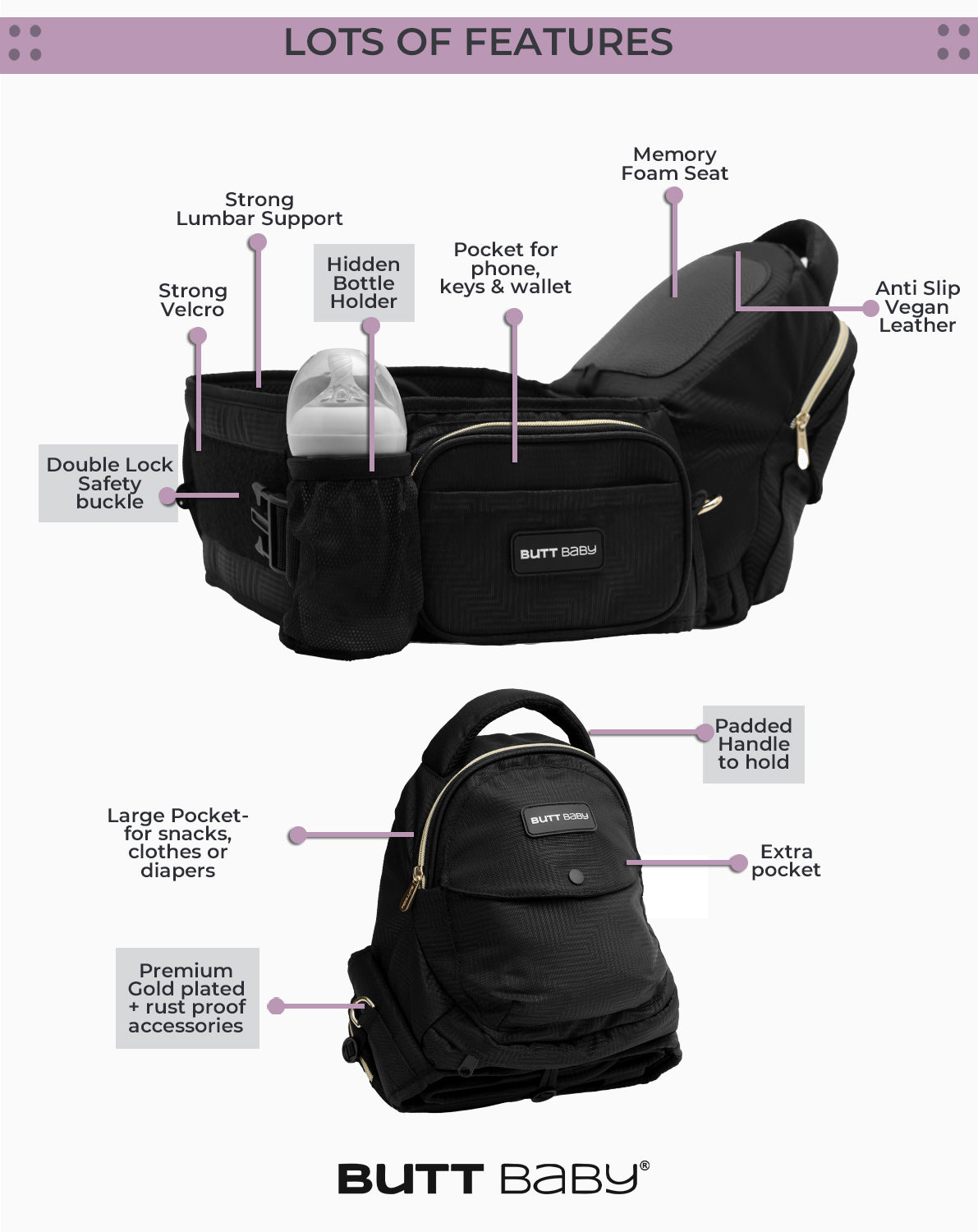 Black Gold Baby Carrier with Hip Seat & In-built Mini Diaper Bag (Black)