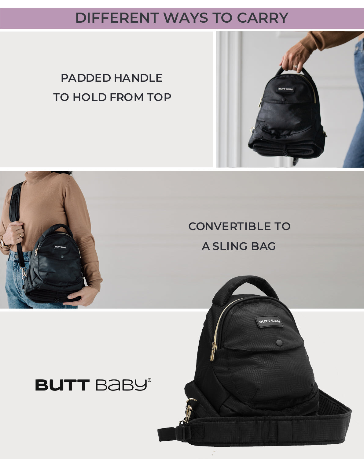 Black Gold Baby Carrier with Hip Seat & In-built Mini Diaper Bag (Black)