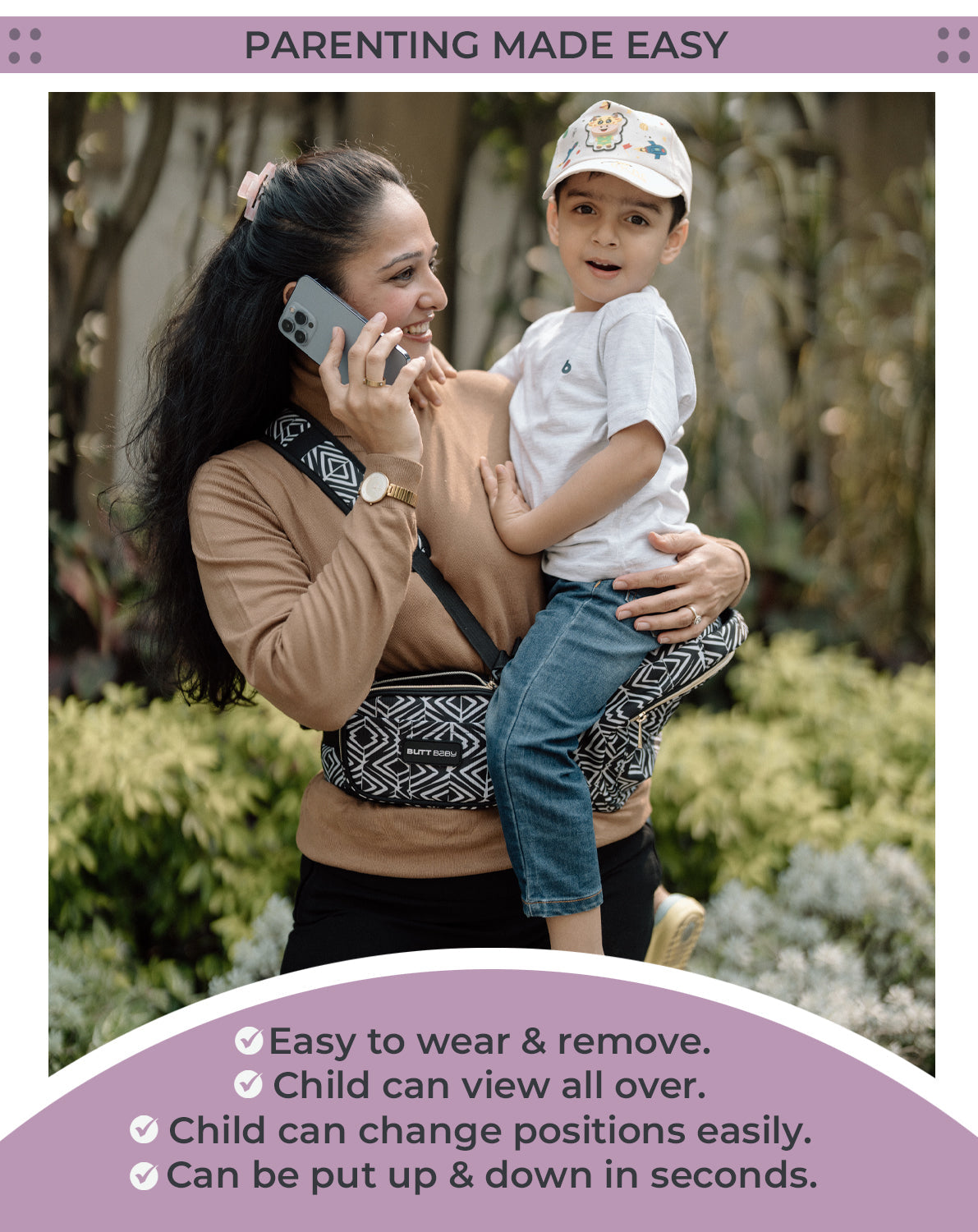 Tribal Route Baby Carrier with Hip Seat & In-built Mini Diaper Bag