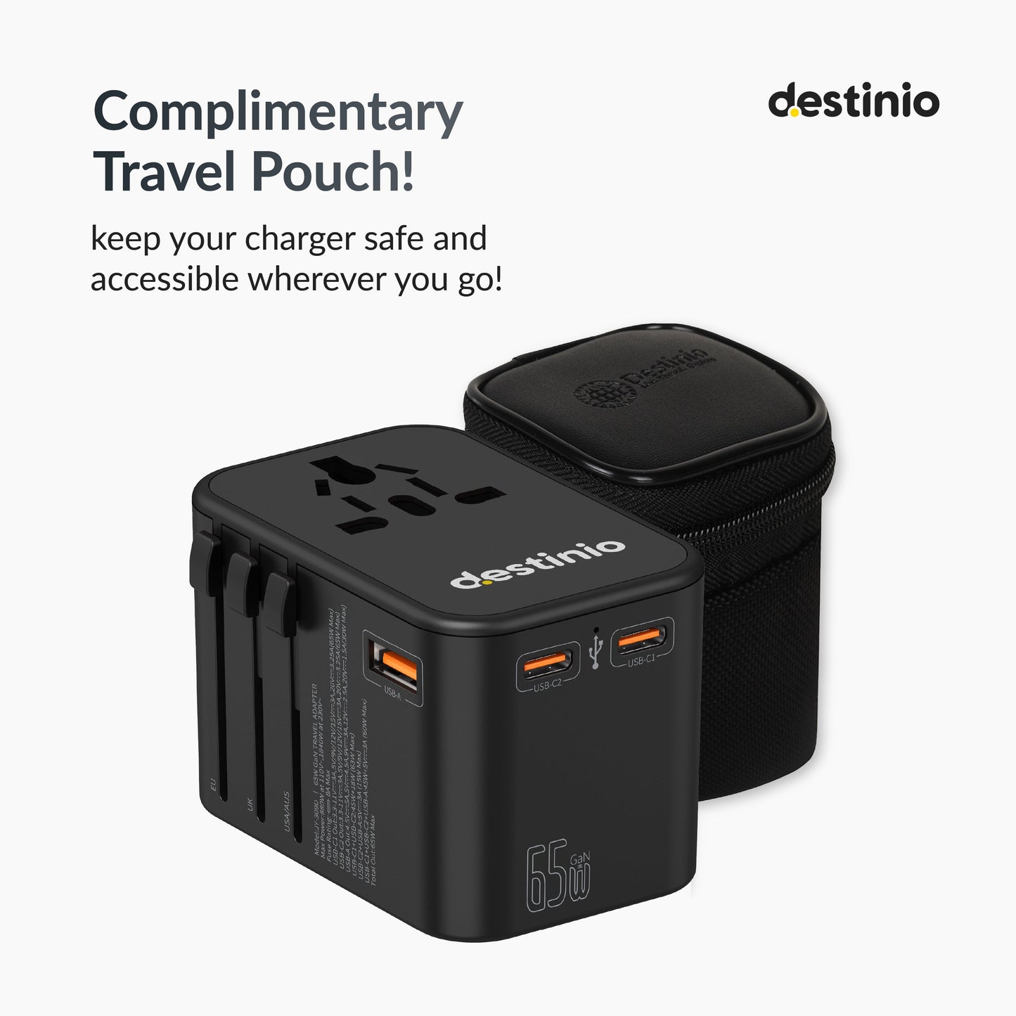 Universal travel adapter with Type C (65W Black)