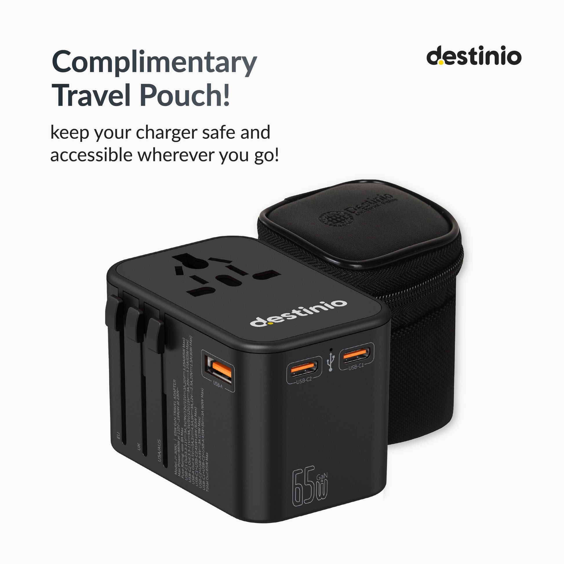 Universal travel adapter with Type C (65W Black)