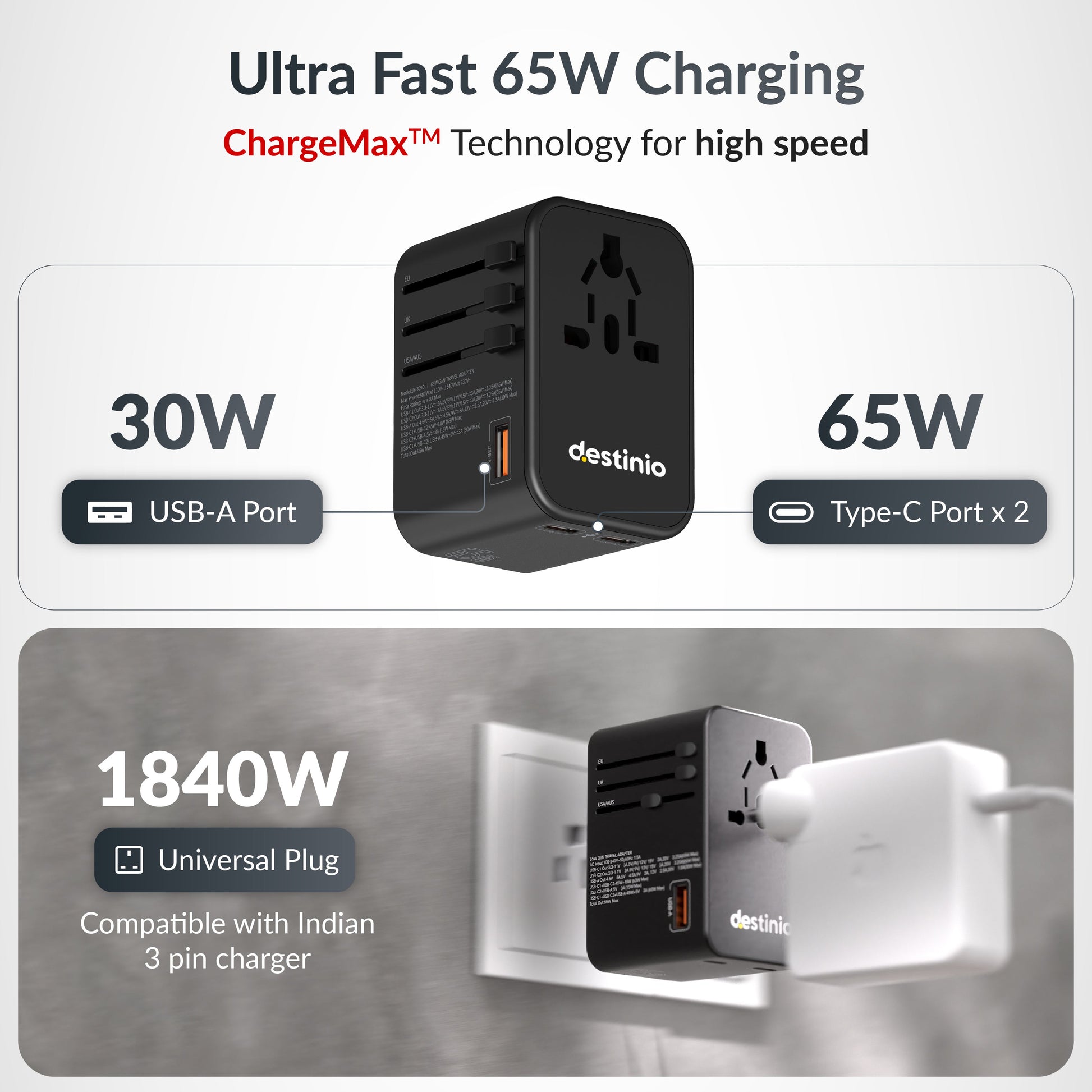 Universal travel adapter with Type C (65W Black)