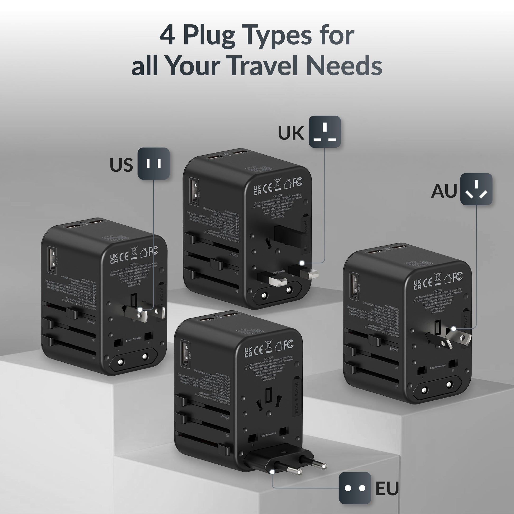 Universal travel adapter with Type C (65W Black)