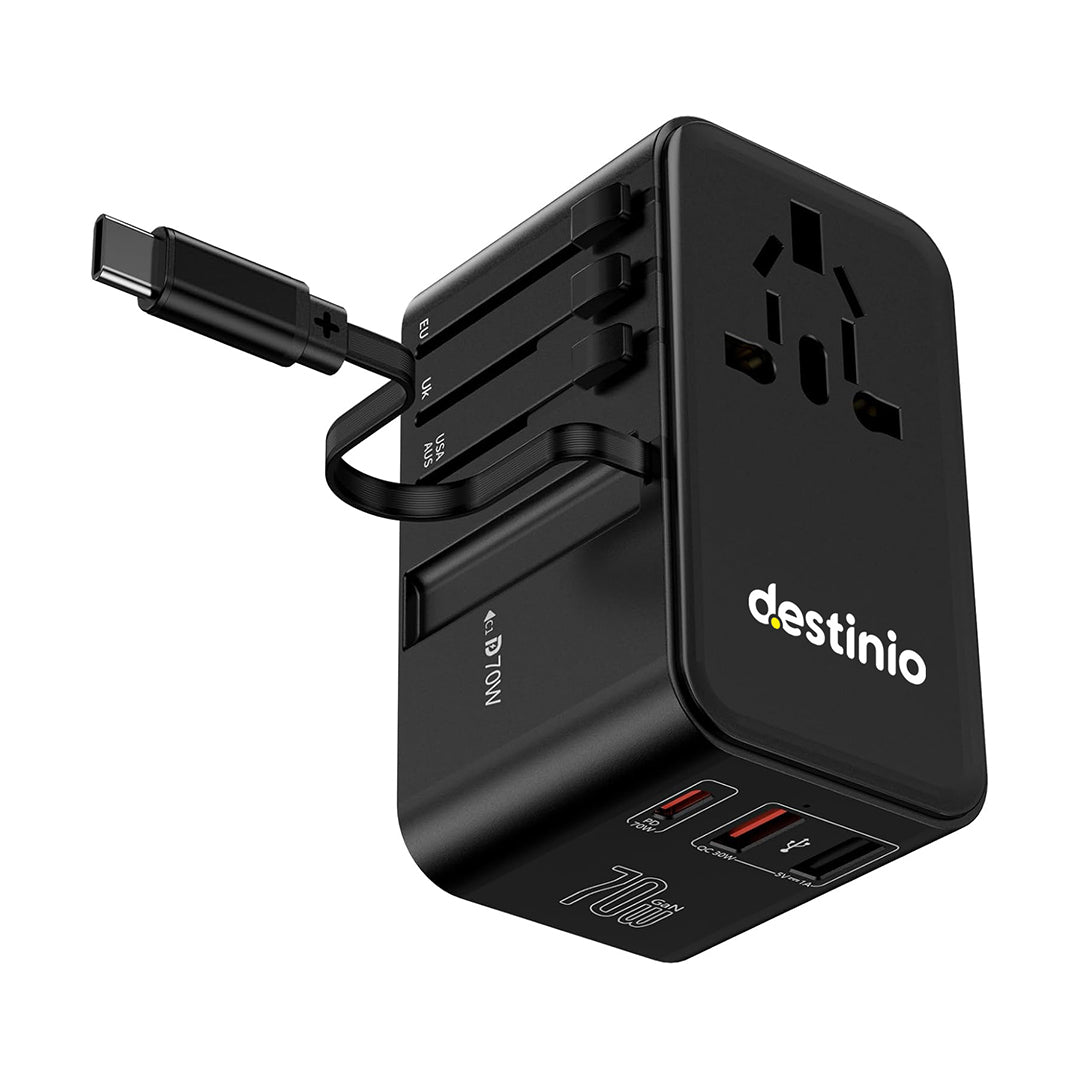 Universal travel adapter with built in Type C cable (70W Black)