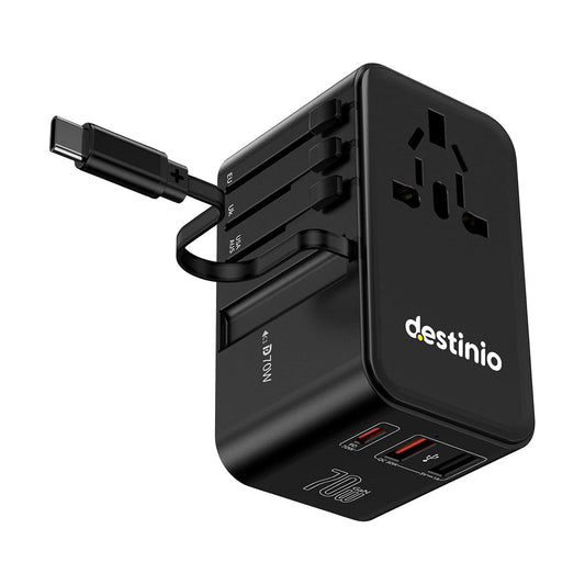 Universal travel adapter with built in Type C cable (70W Black)