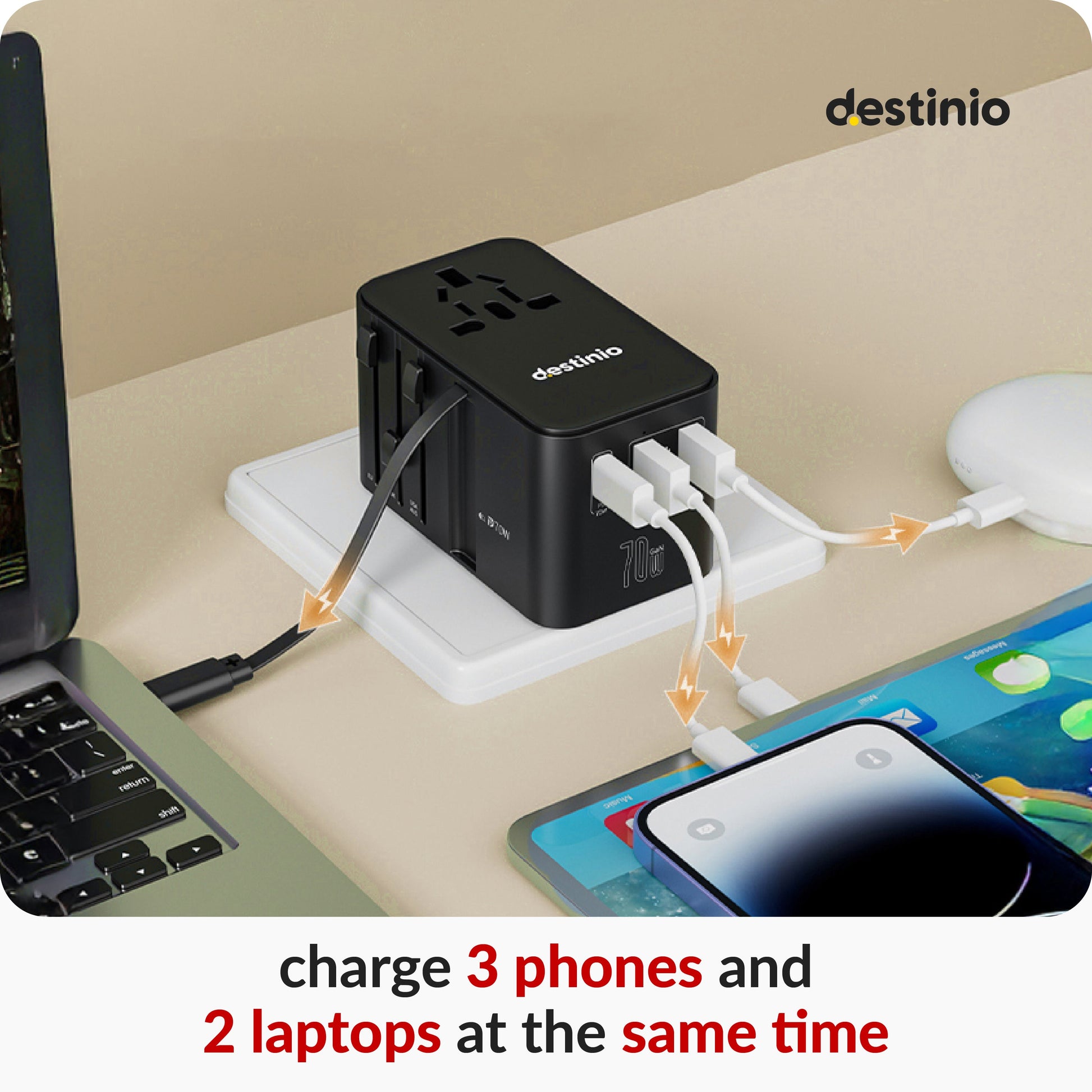 Universal travel adapter with built in Type C cable (70W Black)