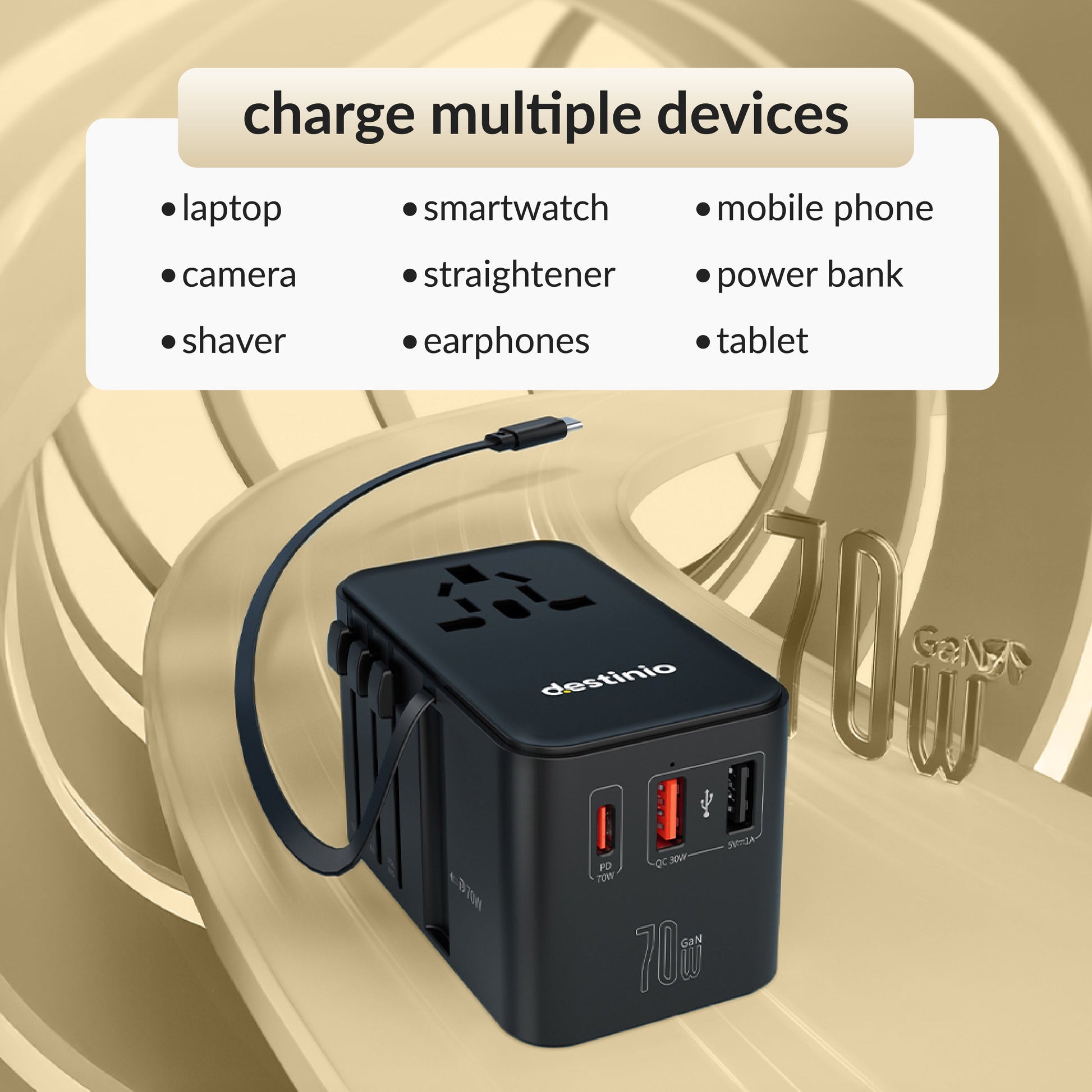 Universal travel adapter with built in Type C cable (70W Black)