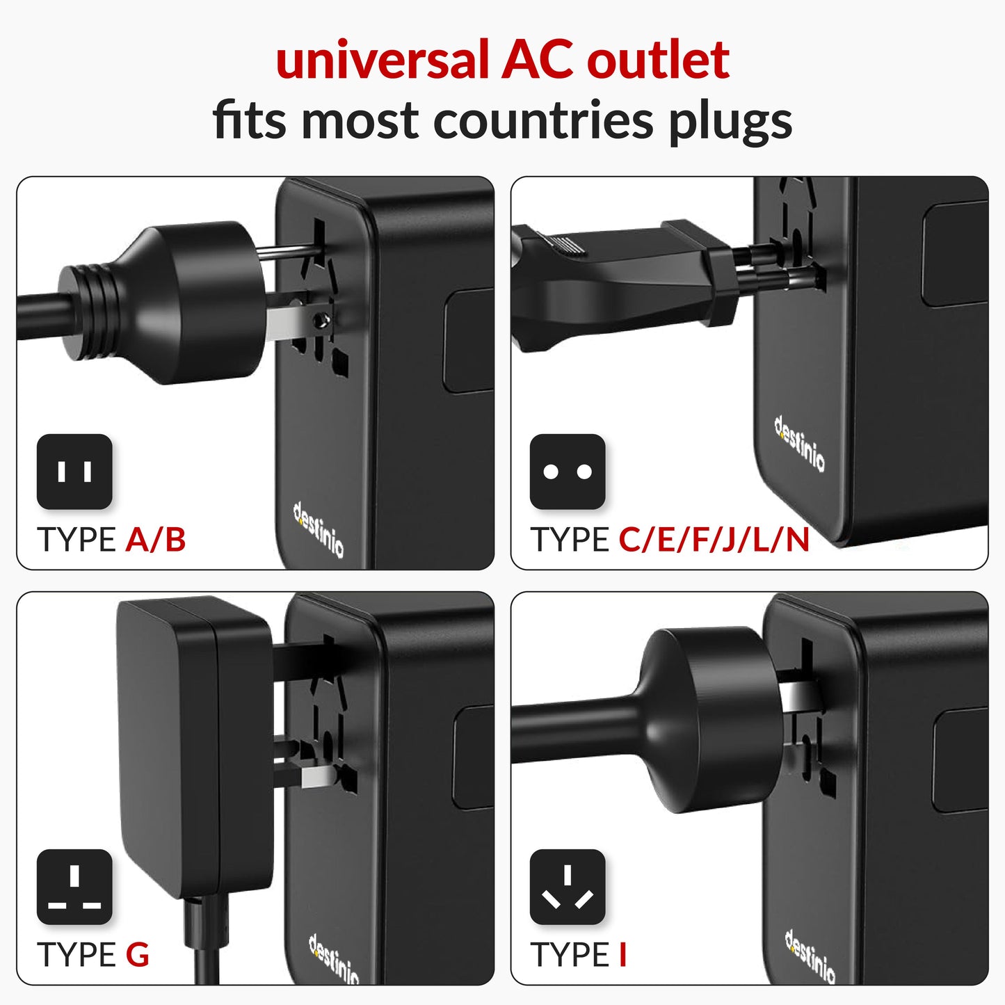 Universal travel adapter with built in Type C cable (70W Black)