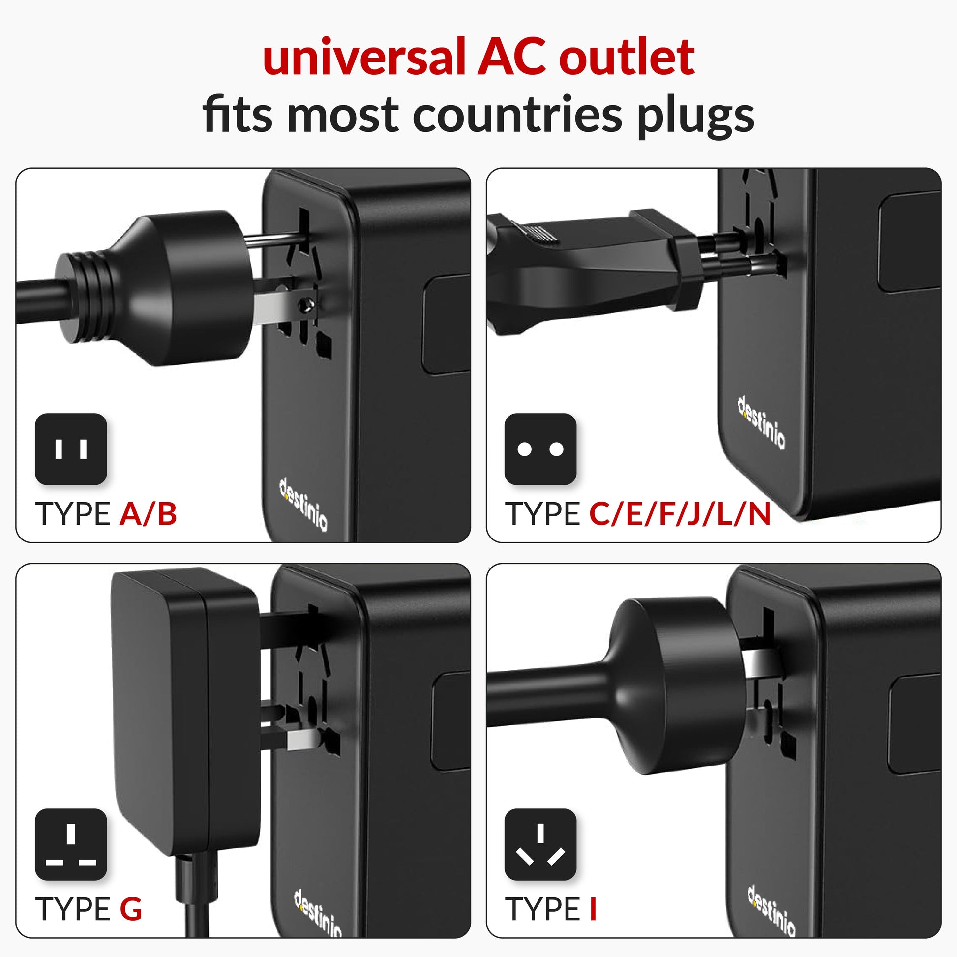 Universal travel adapter with built in Type C cable (70W Black)
