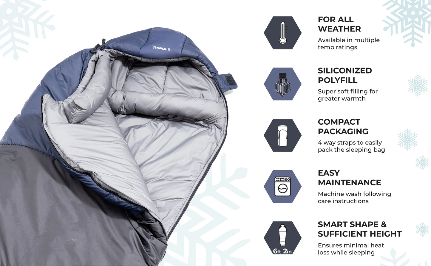 Tripole Shivalik Indoor and Outdoor Sleeping Bag for Hiking, Trekking and Travelling | Mummy Shape | 3 Year Warranty (0°C Black)