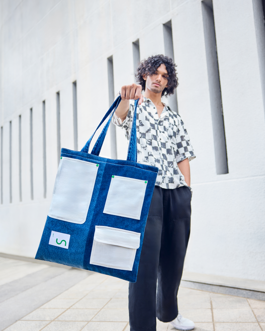 Multi-Pocket Reversible Denim Tote Bag