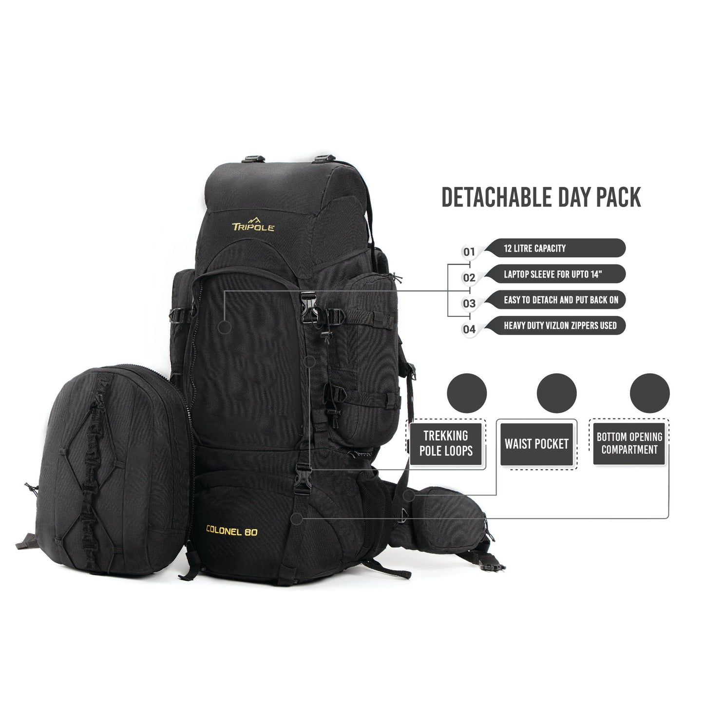Tripole Colonel Metal Frame Rucksack with Detachable Bag & Rain Cover for Trekking & Travelling | Men & Women | 3 Year Warranty | Black | 95 Litre