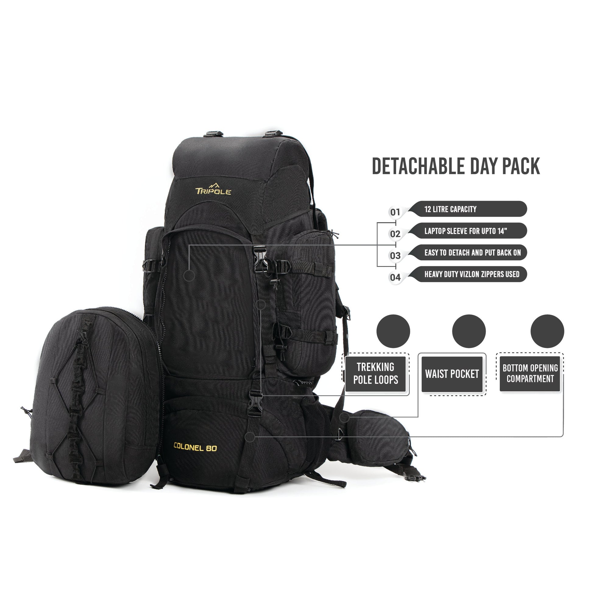Tripole Colonel Metal Frame Rucksack with Detachable Bag & Rain Cover for Trekking & Travelling | Men & Women | 3 Year Warranty | Black | 95 Litre
