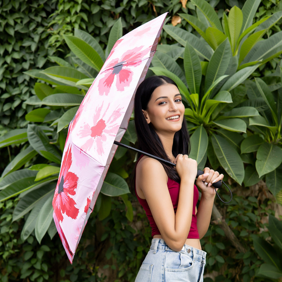Destinio 3 Fold, UV coated, Auto Open Close Umbrella (Printed Pink)