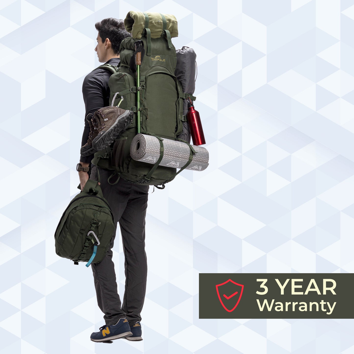 Tripole Colonel Metal Frame Rucksack with Detachable Bag & Rain Cover for Trekking & Travelling | Men & Women | 3 Year Warranty | Black | 95 Litre