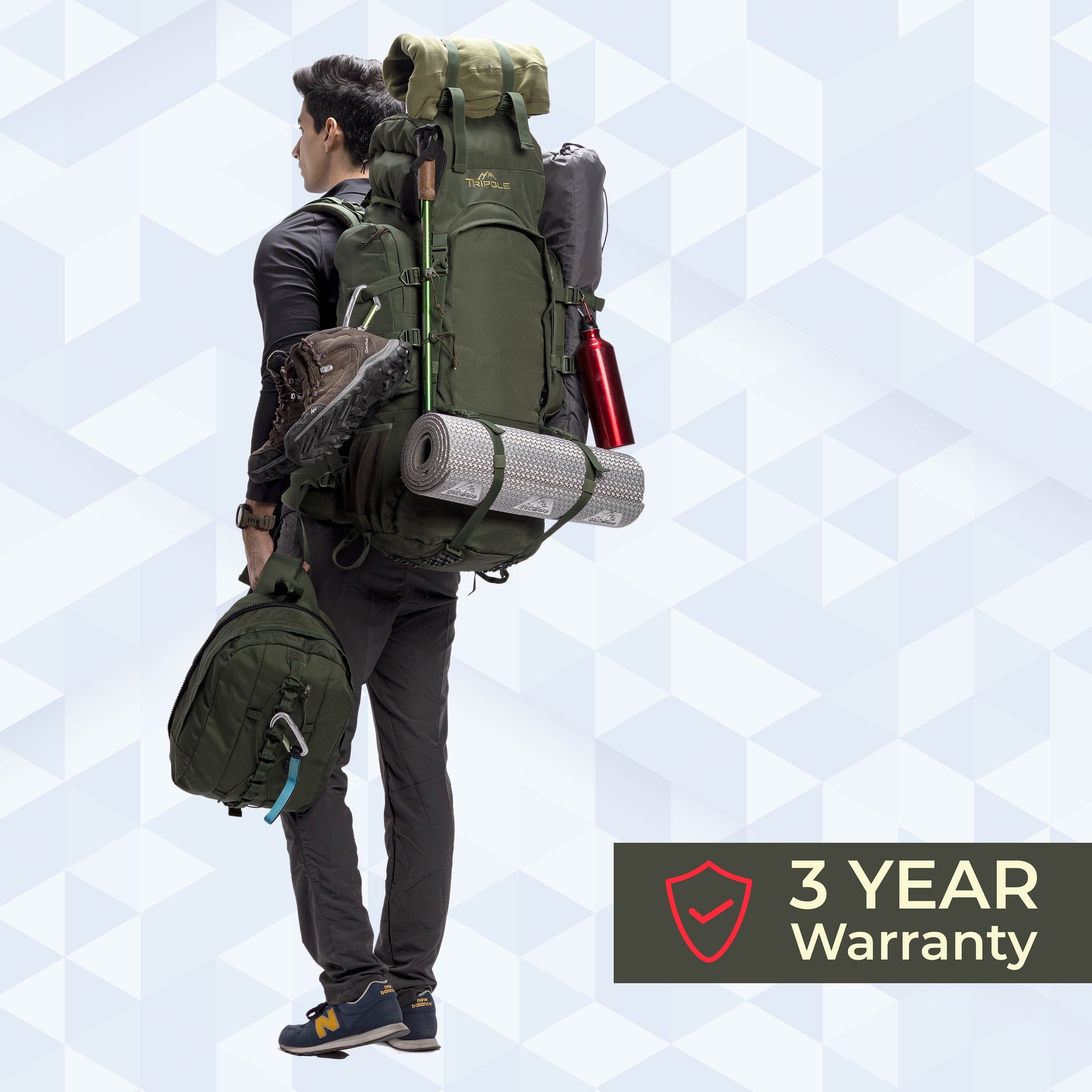 Tripole Colonel Metal Frame Rucksack with Detachable Bag & Rain Cover for Trekking & Travelling | Men & Women | 3 Year Warranty | Black | 95 Litre