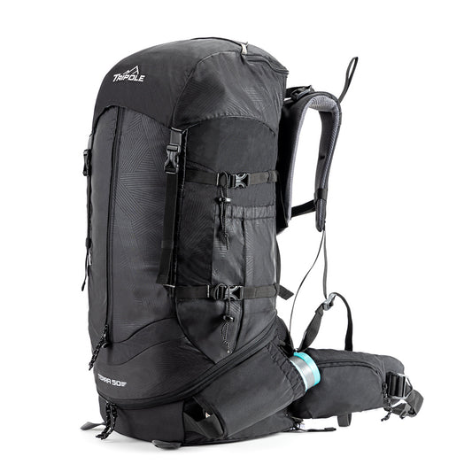 Tripole Terra Backpacking and Trekking Rucksack with Front Opening, Rain Cover and Metal Frame | 3 Year Warranty | 50 Litres (Black)