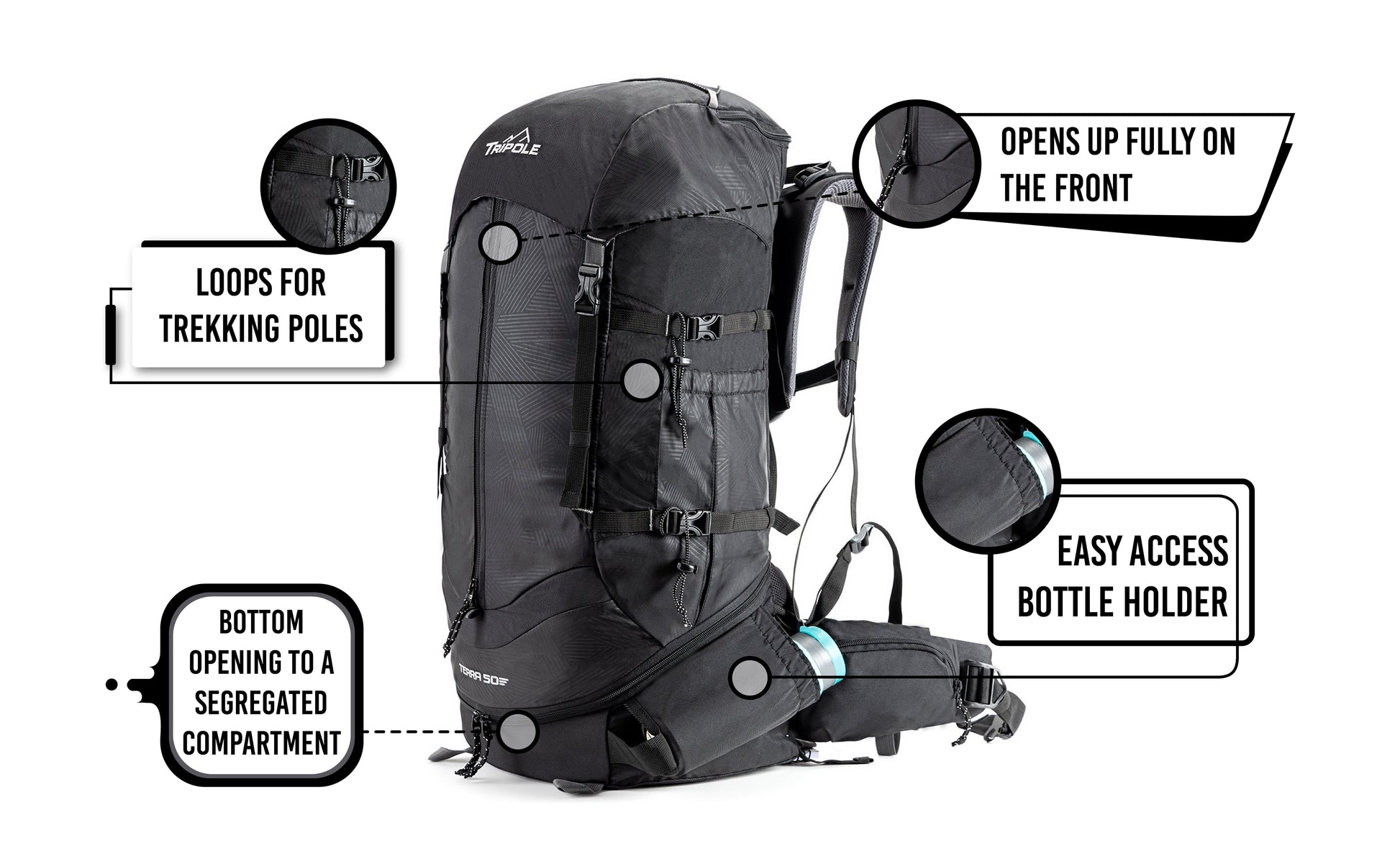 Tripole Terra Backpacking and Trekking Rucksack with Front Opening, Rain Cover and Metal Frame | 3 Year Warranty | 75 Litres (Black)
