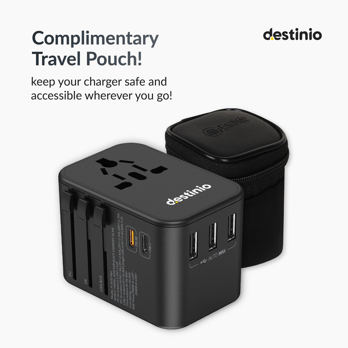 Universal travel adapter with Type C (35W Black)