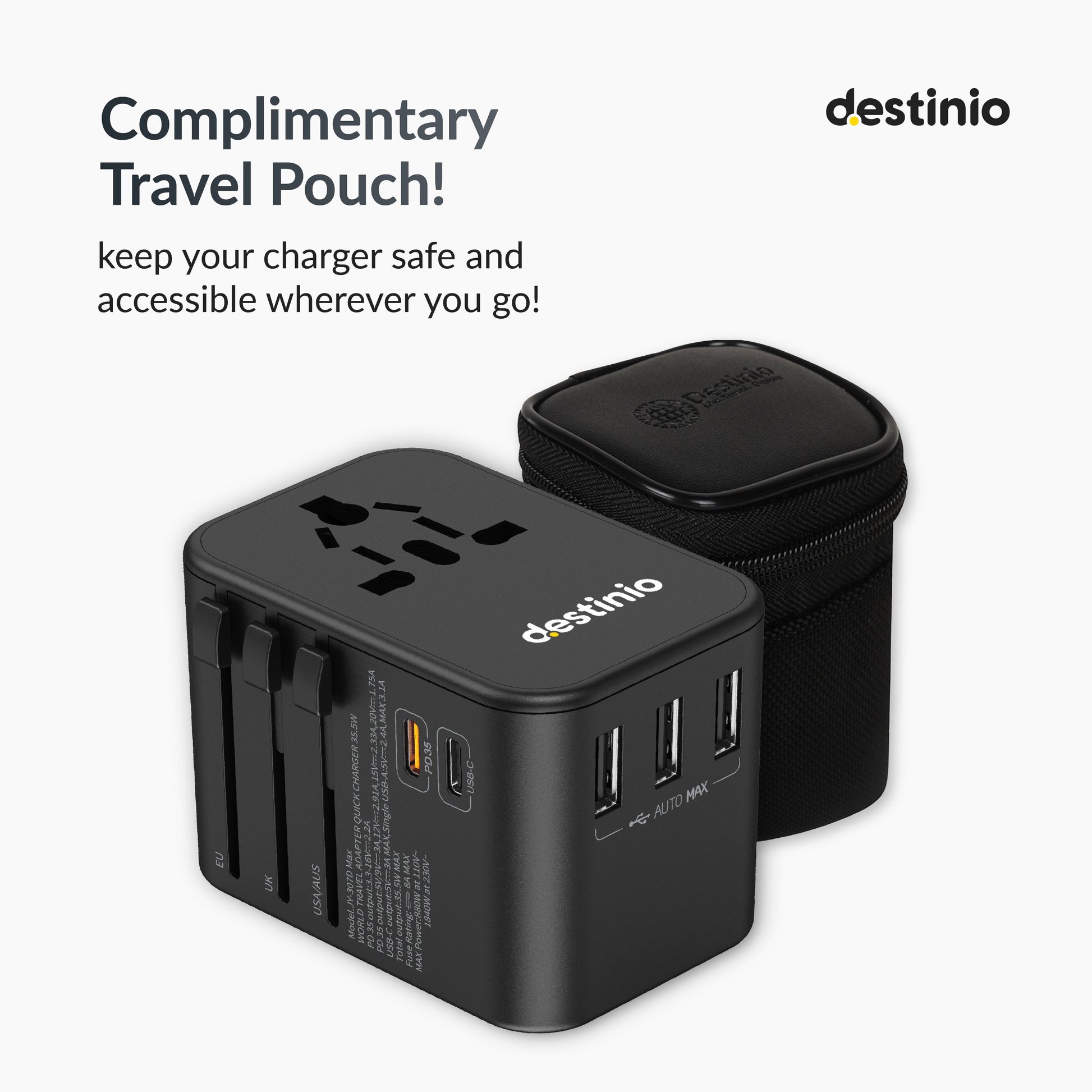 Universal travel adapter with Type C (35W Black)