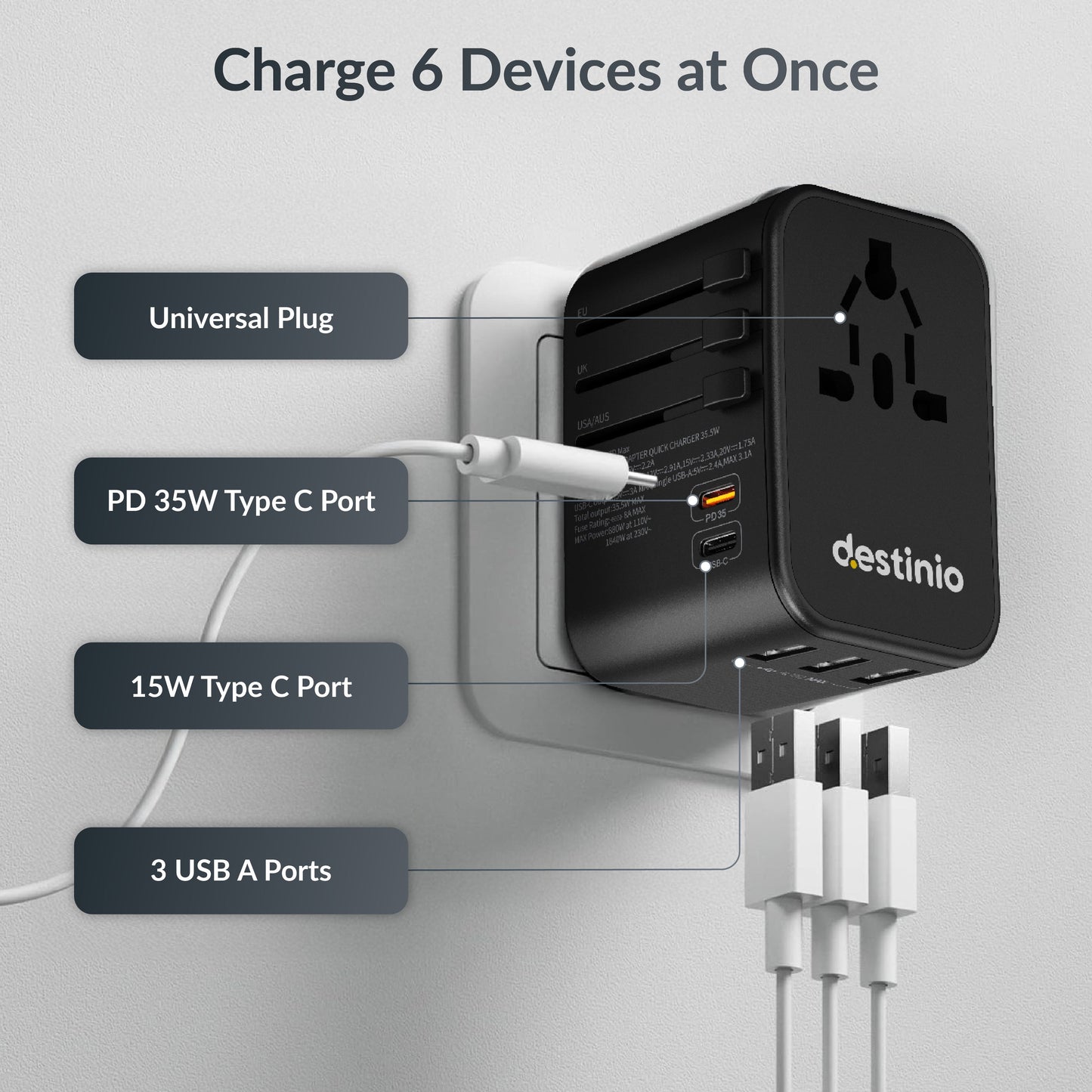 Universal travel adapter with Type C (35W Black)