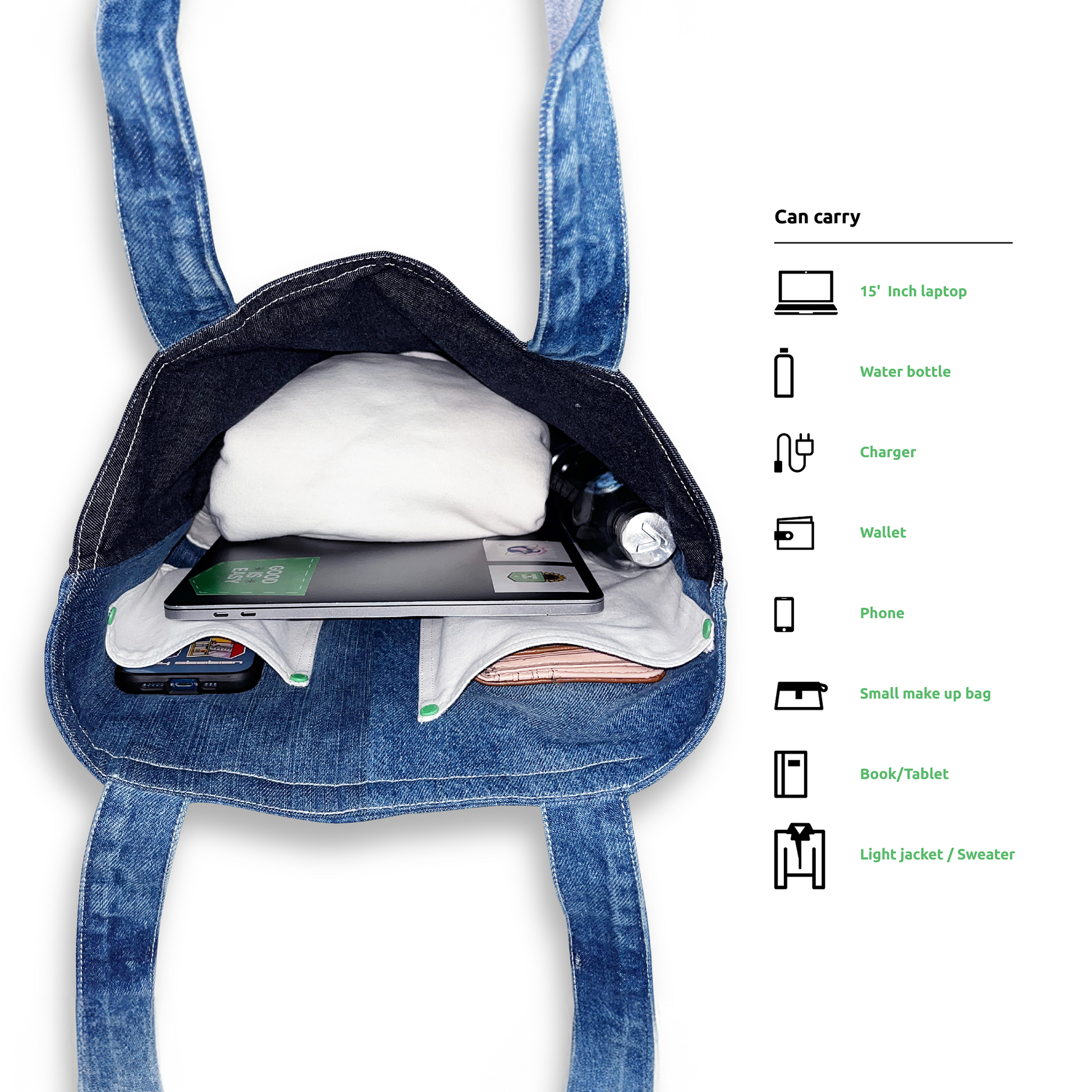 Multi-Pocket Reversible Denim Tote Bag
