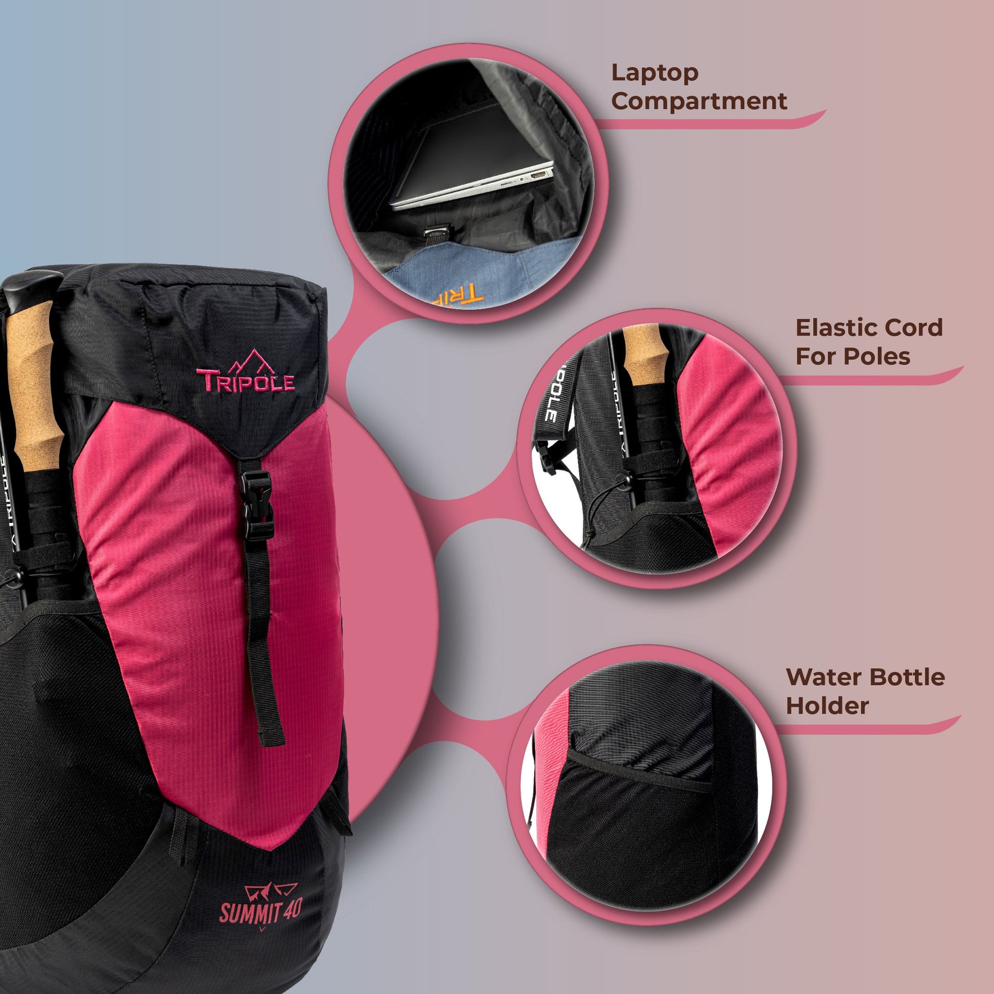 Tripole Summit 40 | Rucksack for Trekking, Hiking, Backpacking | Raincover Included | Men & Women | 1 Year Warranty (Red)