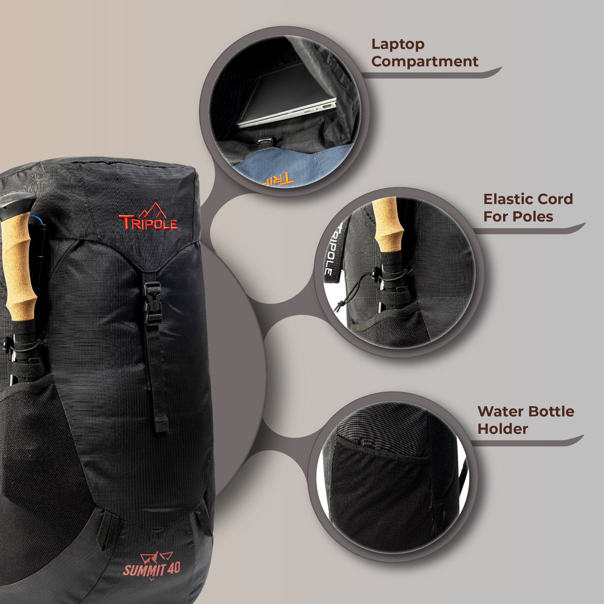 Tripole Summit 40 | Rucksack for Trekking, Hiking, Backpacking | Raincover Included | Men & Women | 1 Year Warranty (Black)