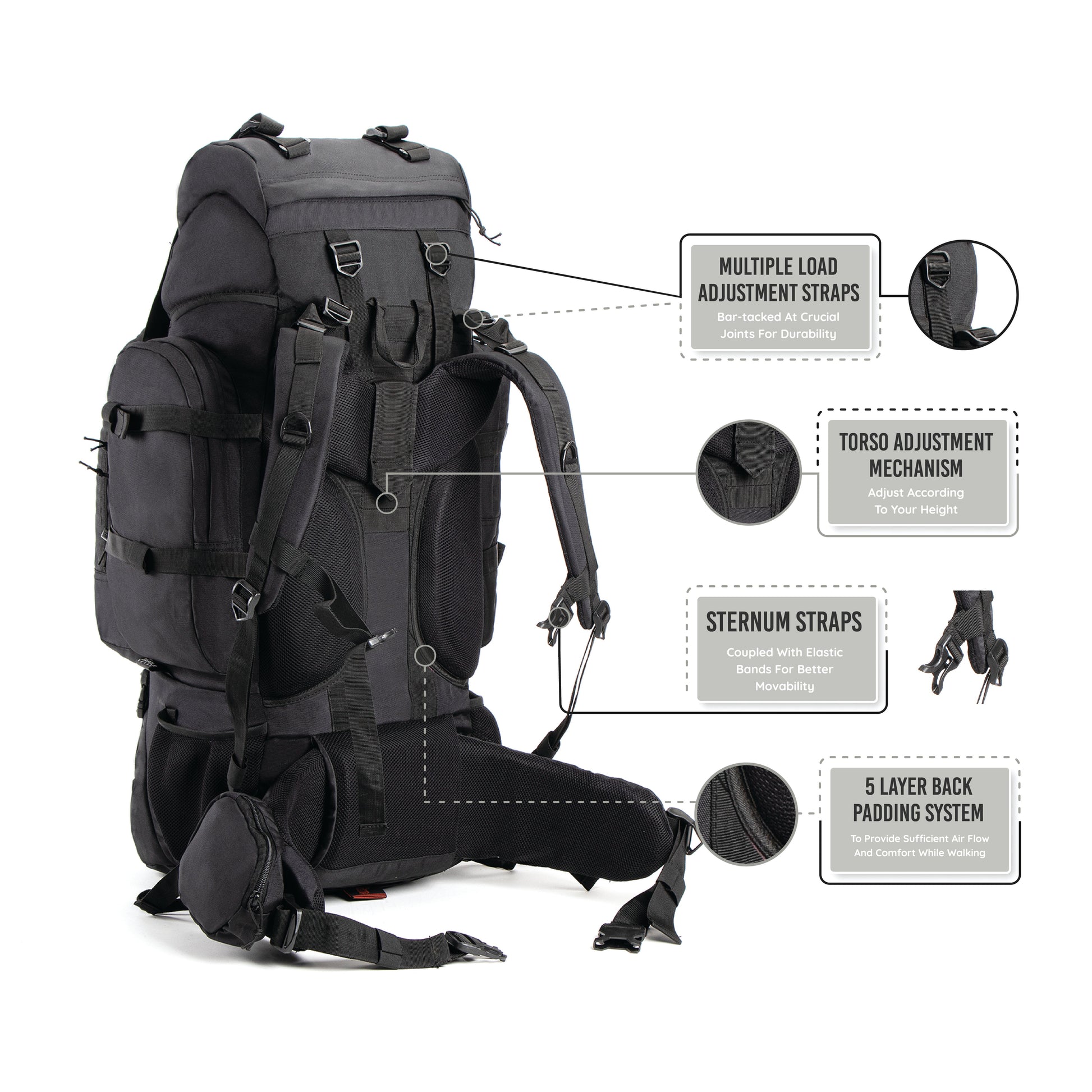 Tripole Colonel Metal Frame Rucksack with Detachable Bag & Rain Cover for Trekking & Travelling | Men & Women | 3 Year Warranty | Black | 95 Litre