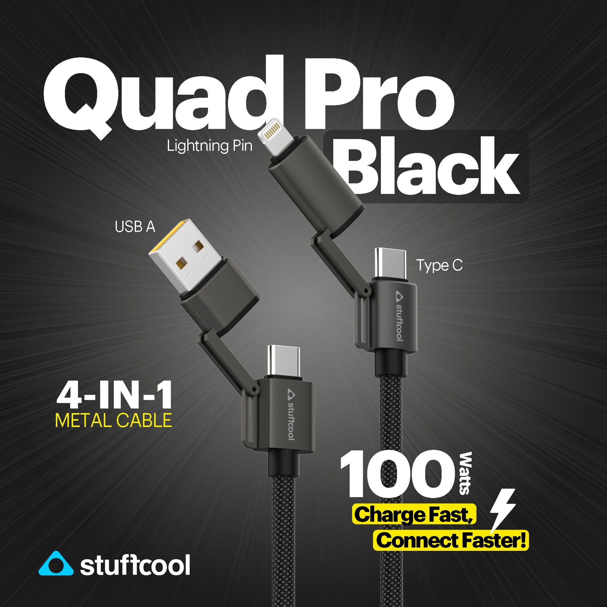 Quad Pro Black 4 In 1 Cable 100W With E-Marker Chip 1.5M